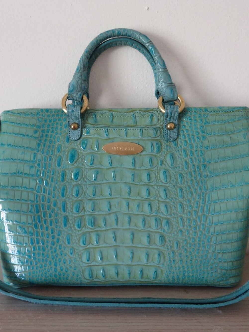 Brahmin Mini Alden Melbourne Turquoise Blue Crocodile Leather Handbag Purse